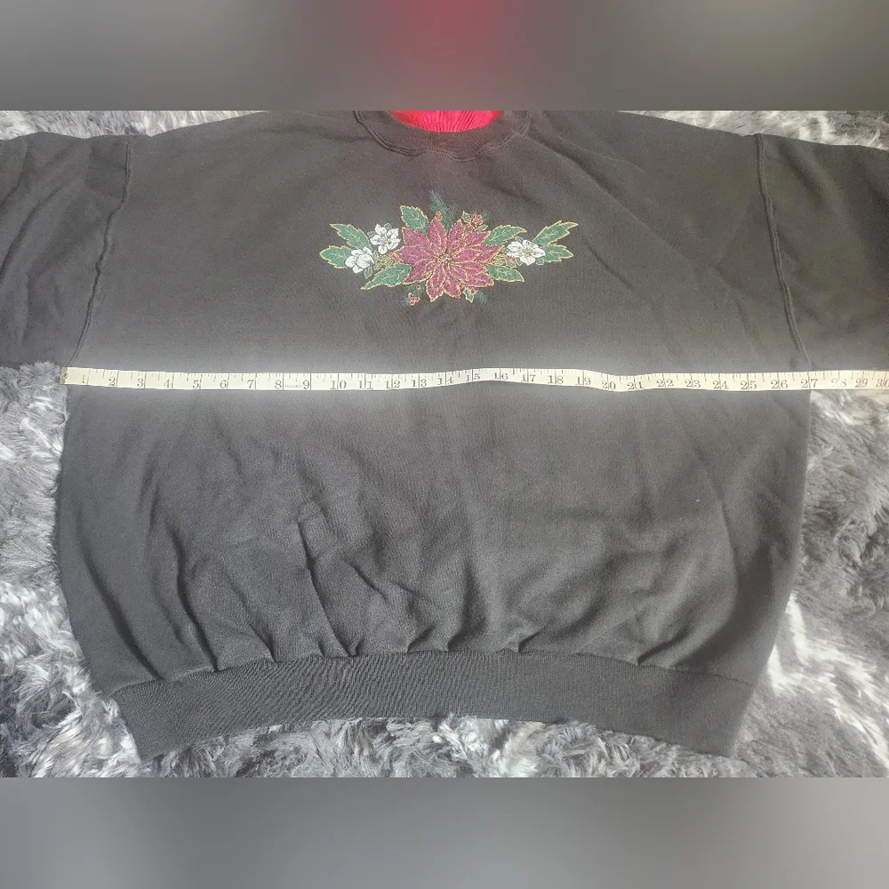 Jerzees Black Sweater‎ with Poinsetta Design and Cowl Neck XL